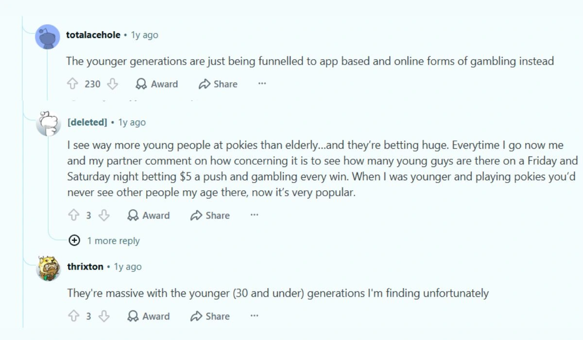 Reddit discussion about pokies