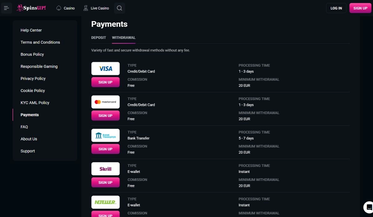 Spinsup payments