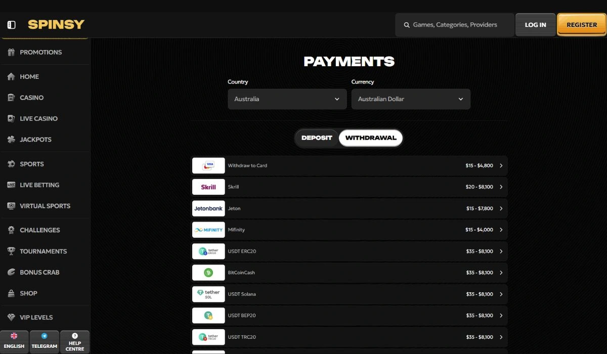 Spinsy Inclave casinos - Payments